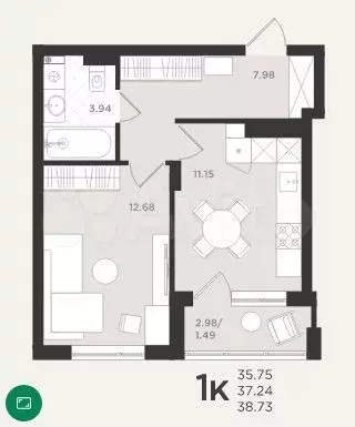 1-к. квартира, 38,7 м, 1/4 эт. - Фото 1