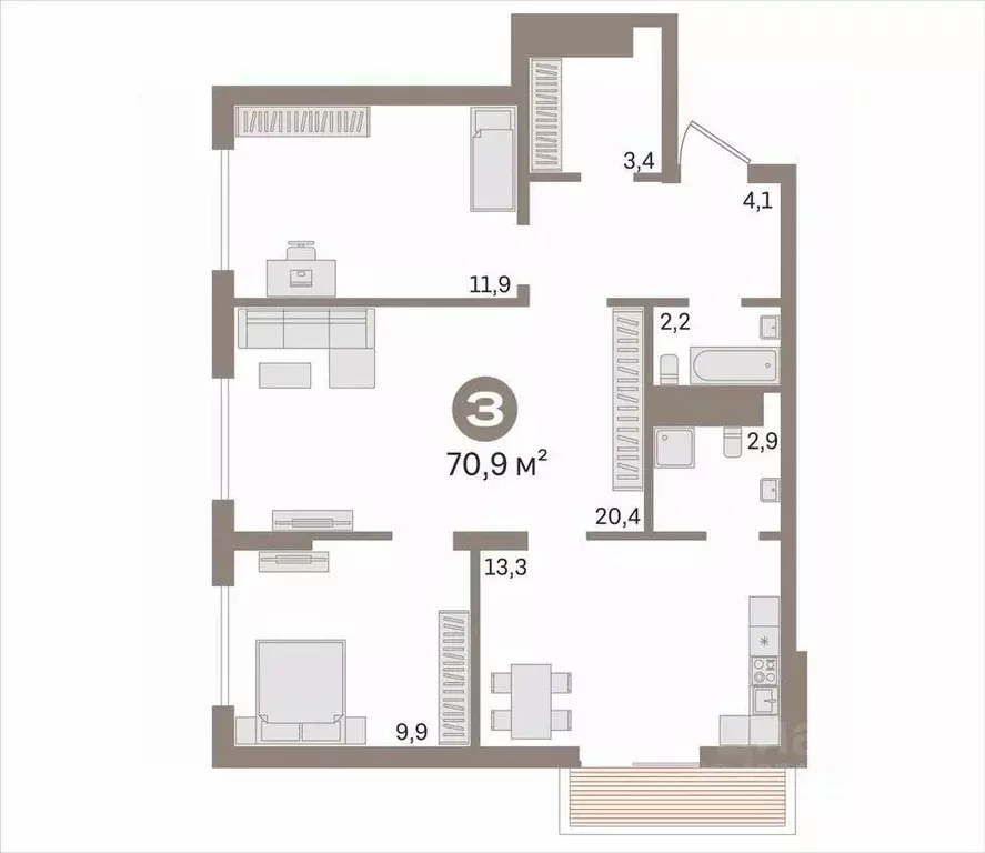 3-к кв. Тюменская область, Тюмень ул. Вице-адмирала Воронцова, 1 (70.9 ... - Фото 1