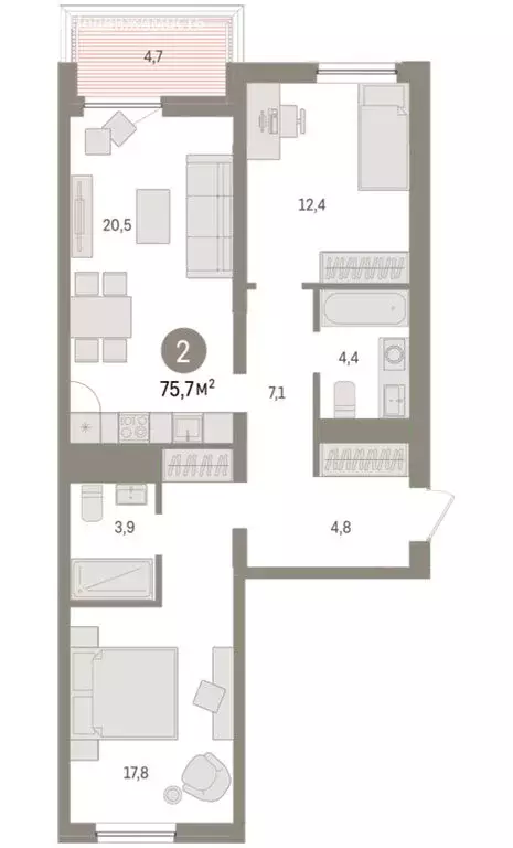 2-комнатная квартира: Тюмень, Мысовская улица, 26к1 (75.65 м) - Фото 1