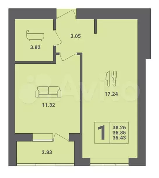 1-к. квартира, 36,9 м, 1/6 эт. - Фото 1
