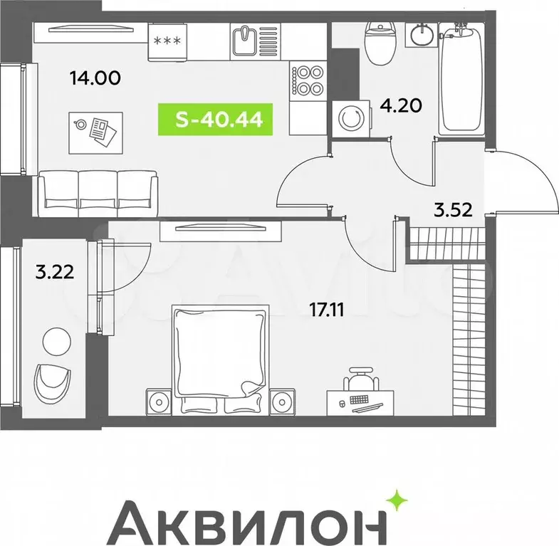 1-к. квартира, 40,4 м, 10/12 эт. - Фото 0