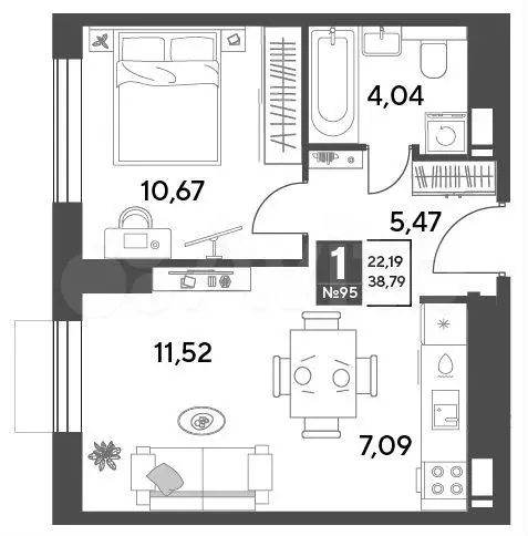 1-к. квартира, 38,8 м, 4/10 эт. - Фото 0