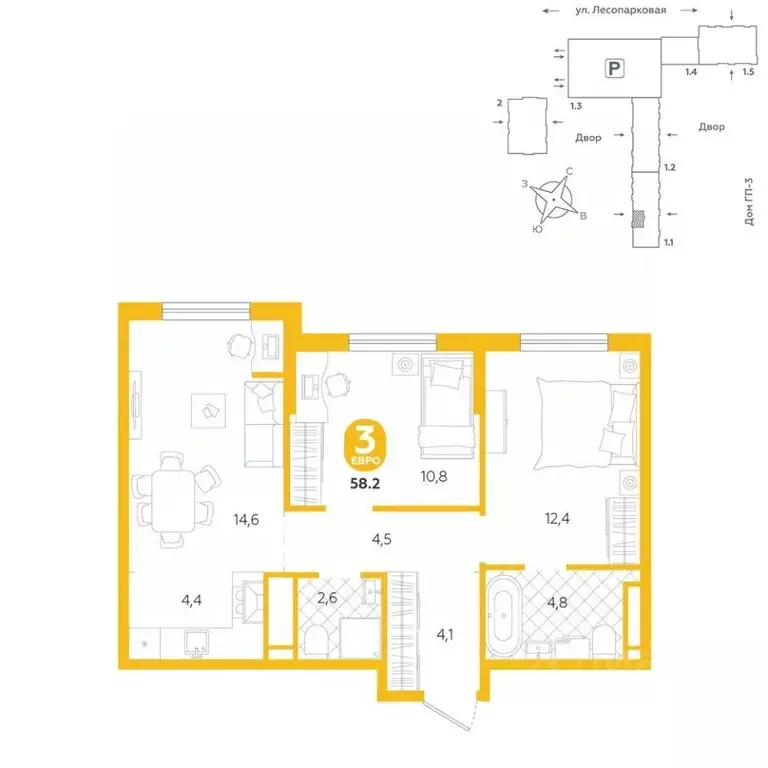 3-к кв. Тюменская область, Тюмень ул. Лесопарковая, 22 (58.2 м) - Фото 0