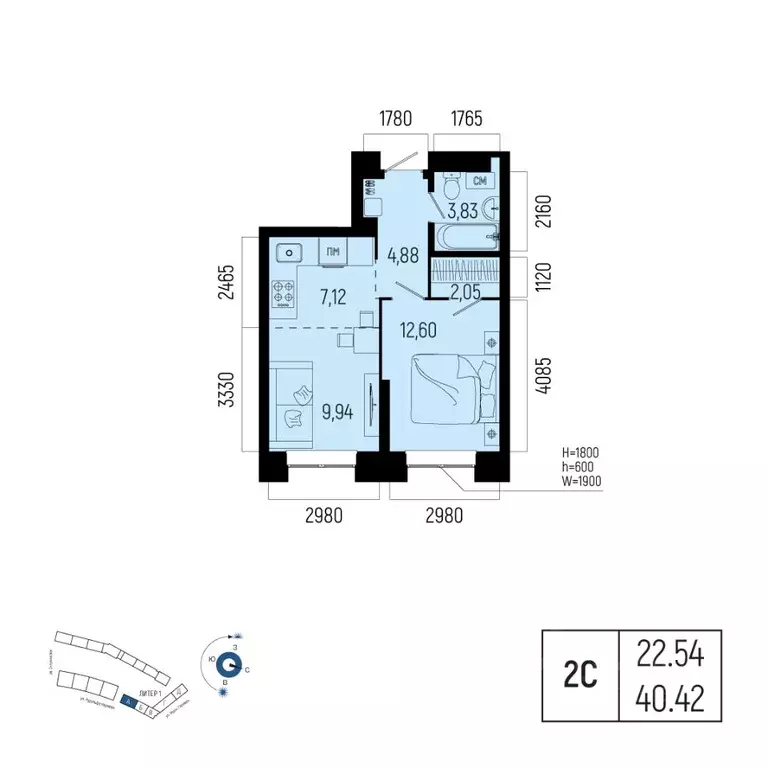 2-к кв. Башкортостан, Уфа Глумилино-1 мкр, Новатор жилой комплекс ... - Фото 1
