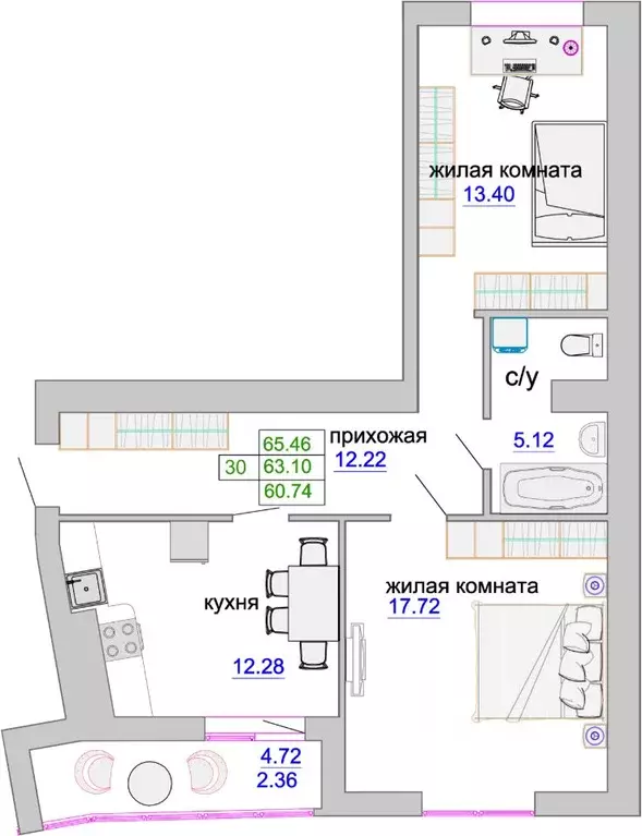 2-к кв. Калининградская область, Зеленоградск ул. Тургенева, 16А (63.5 ... - Фото 0