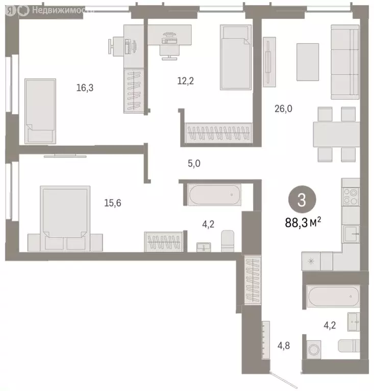 3-комнатная квартира: Новосибирск, Большевистская улица, 66 (88.27 м) - Фото 2