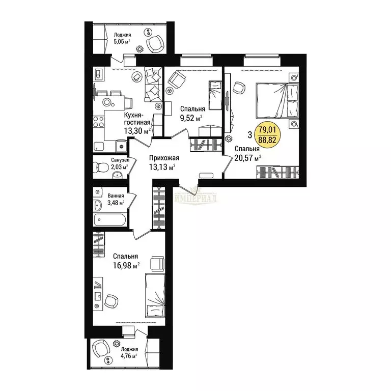 3-комнатная квартира: село Семёновка, Интернатская улица, 5 (88.3 м) - Фото 0