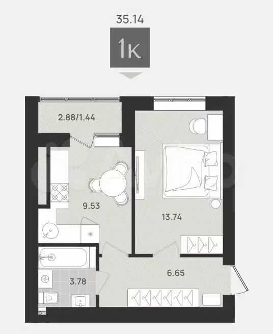 1-к. квартира, 35,1 м, 6/9 эт. - Фото 1