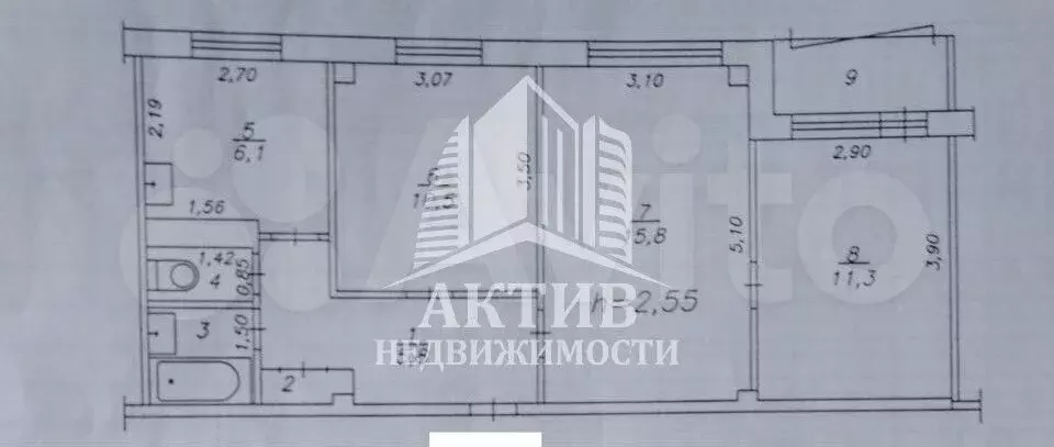 3-к. квартира, 55,4 м, 3/9 эт. - Фото 0