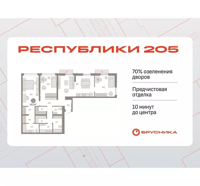 3-комнатная квартира: Тюмень, жилой комплекс Республики 205 (125.1 м) - Фото 0