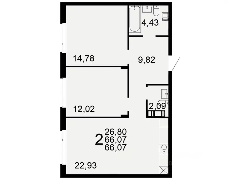 2-к кв. Тульская область, Тула Флагман жилой комплекс (66.07 м) - Фото 1