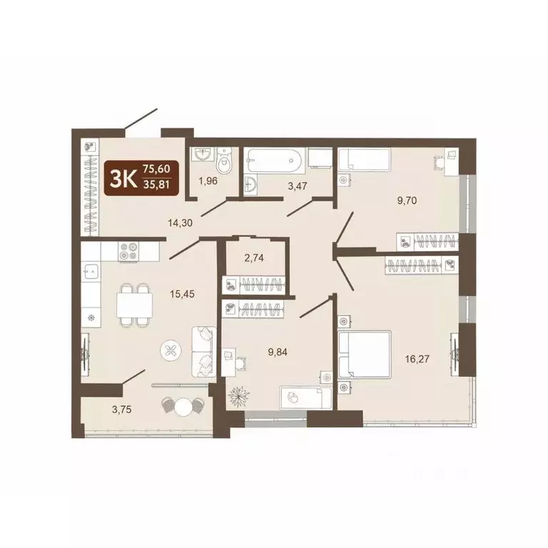 3-к кв. Кемеровская область, Кемерово 58В мкр, 1 (75.6 м) - Фото 2