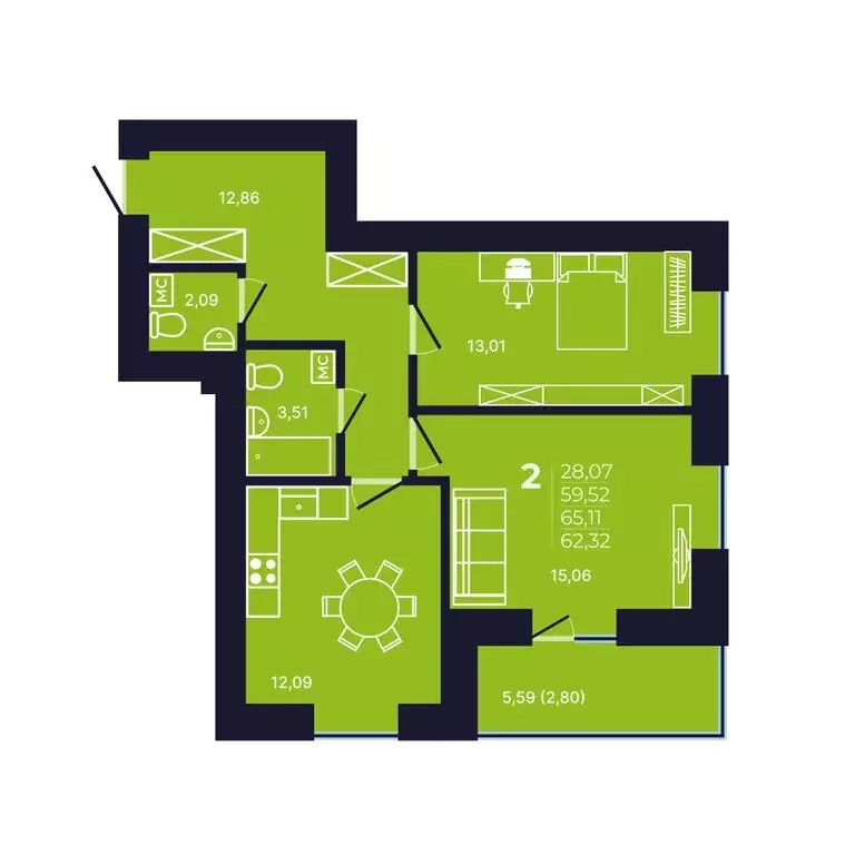 2-комнатная квартира: Уфа, улица Михаила Зайцева, 8 (62.5 м) - Фото 1
