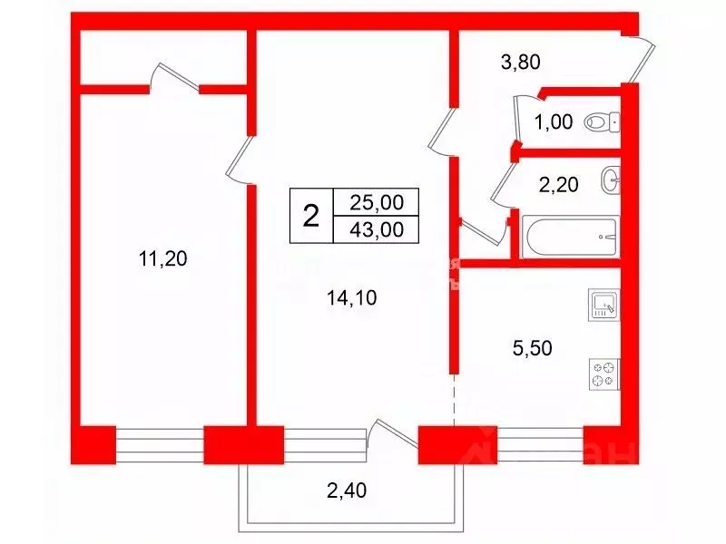 2-к кв. Санкт-Петербург Боровая ул., 53к3 (43.0 м) - Фото 2