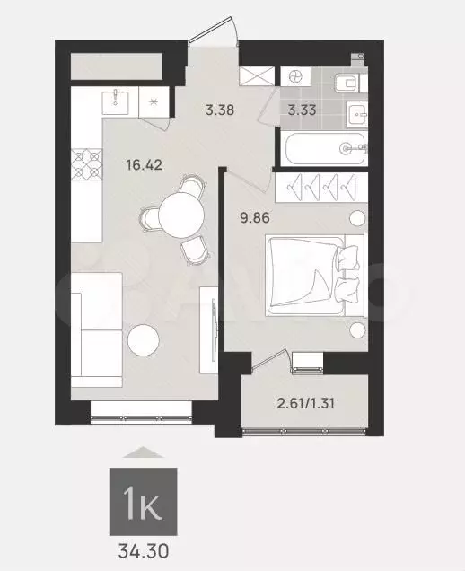 1-к. квартира, 34,3 м, 6/9 эт. - Фото 1