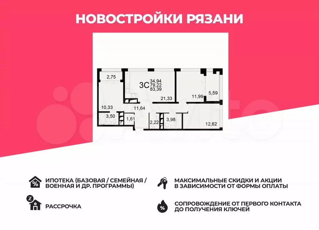 3-к. квартира, 83,4 м, 7/25 эт. - Фото 0