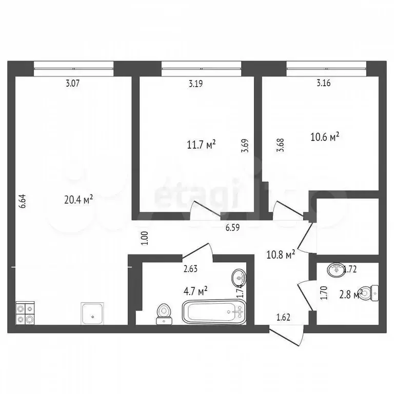 2-к. квартира, 60,5 м, 3/4 эт. - Фото 0