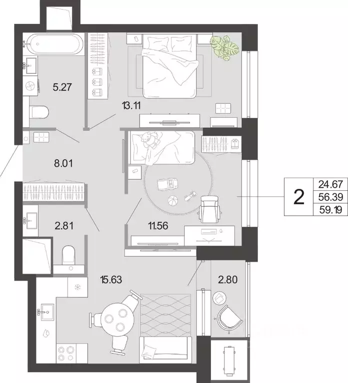 2-к кв. Тульская область, Тула ул. Фридриха Энгельса, 74 (59.19 м) - Фото 2