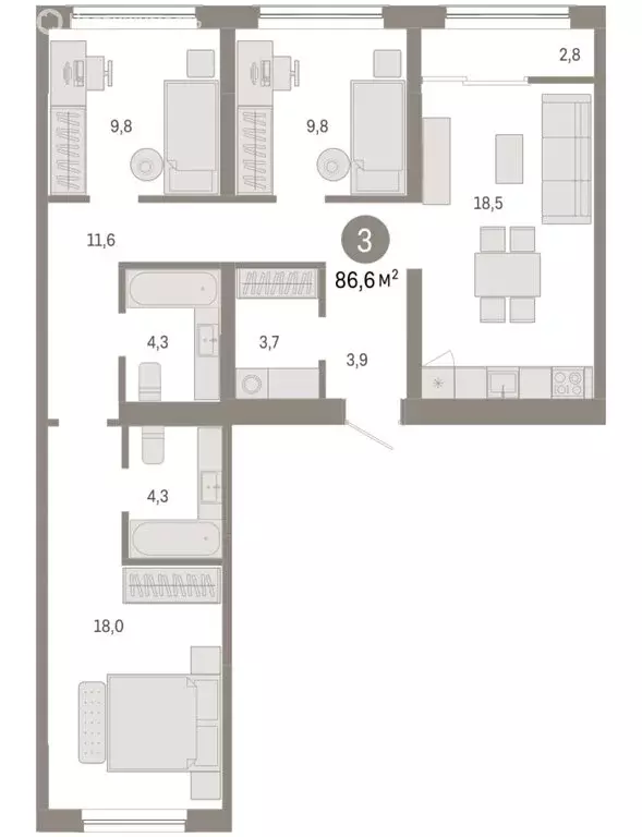 3-комнатная квартира: Новосибирск, Большевистская улица, с49 (86.57 м) - Фото 2
