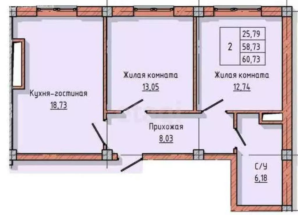 2-комнатная квартира: Нальчик, улица Байсултанова, 28 (60.73 м) - Фото 0