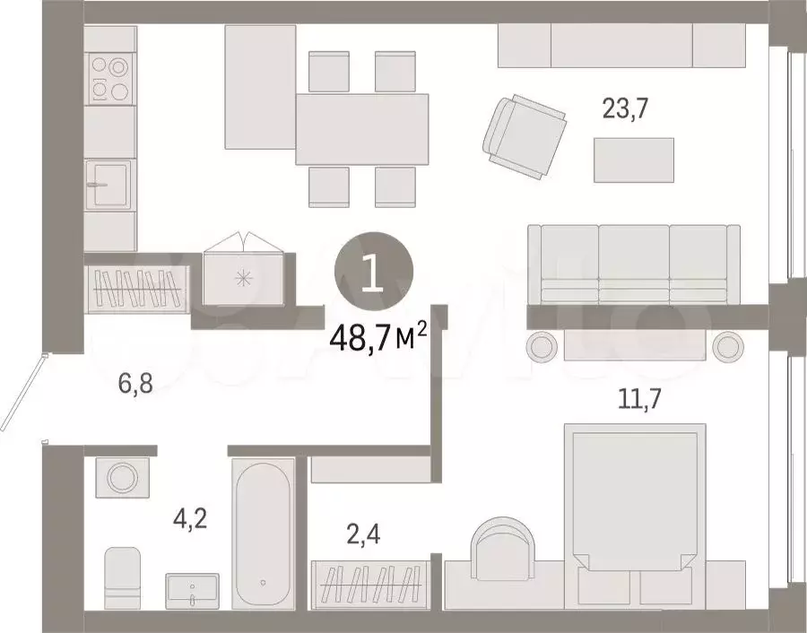 1-к. квартира, 48,7 м, 3/23 эт. - Фото 1