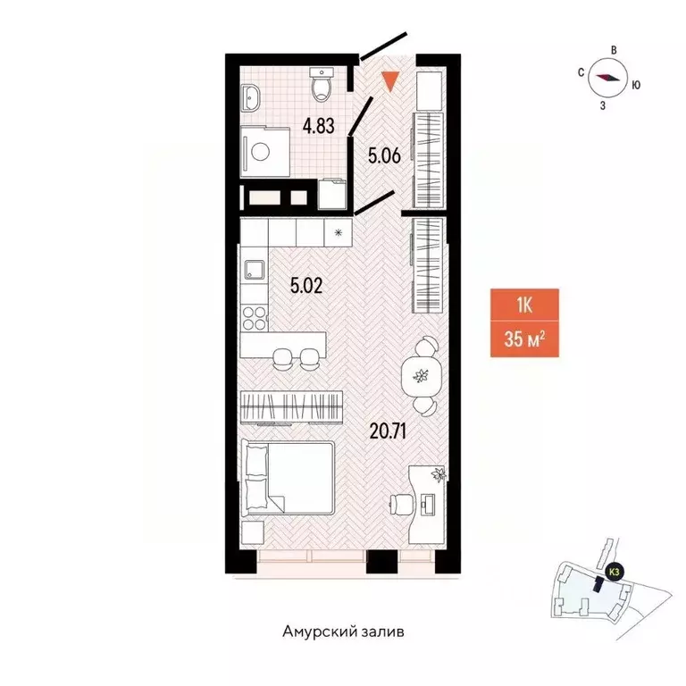 1-к кв. Приморский край, Владивосток просп. 100-летия Владивостока, ... - Фото 2