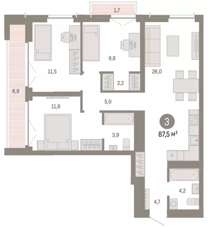 3-комнатная квартира: Новосибирск, Большевистская улица, 66 (87.49 м) - Фото 2