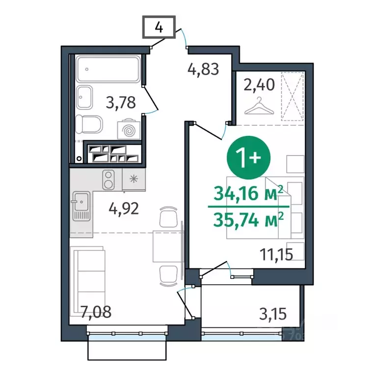 1-к кв. Тюменская область, Тюмень ул. Тимофея Кармацкого, 17 (34.16 м) - Фото 0