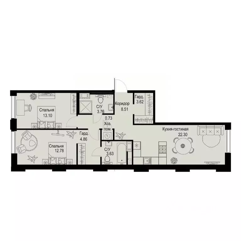 Квартира, 2 комнаты, 73.29 м - Фото 0