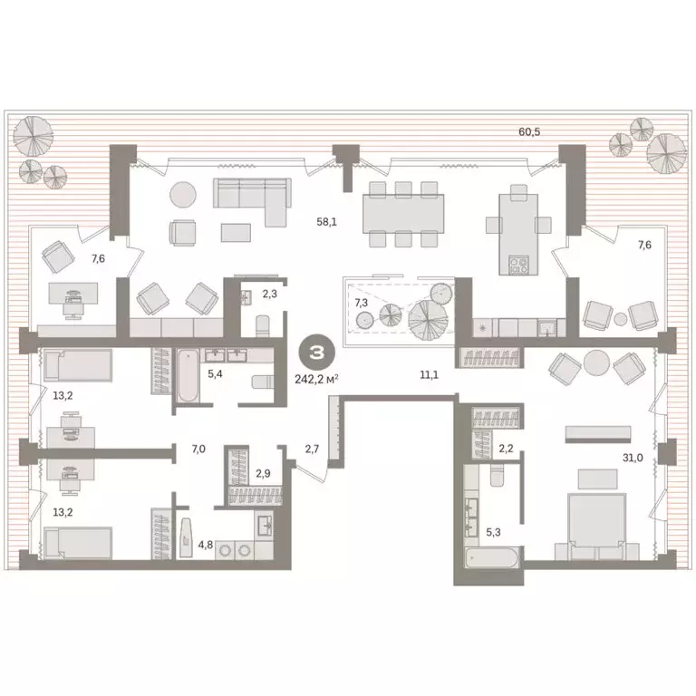 3-комнатная квартира: Новосибирск, улица Никитина, 10к8 (242.18 м) - Фото 1