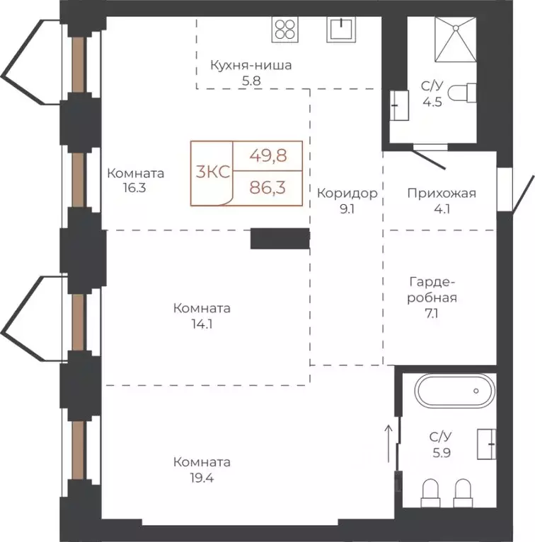 3-к кв. Алтайский край, Барнаул пл. Баварина, 8к2 (86.0 м) - Фото 1