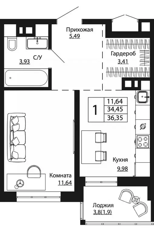 1-к кв. Ростовская область, Ростов-на-Дону ул. Текучева, 370/2 (35.75 ... - Фото 0