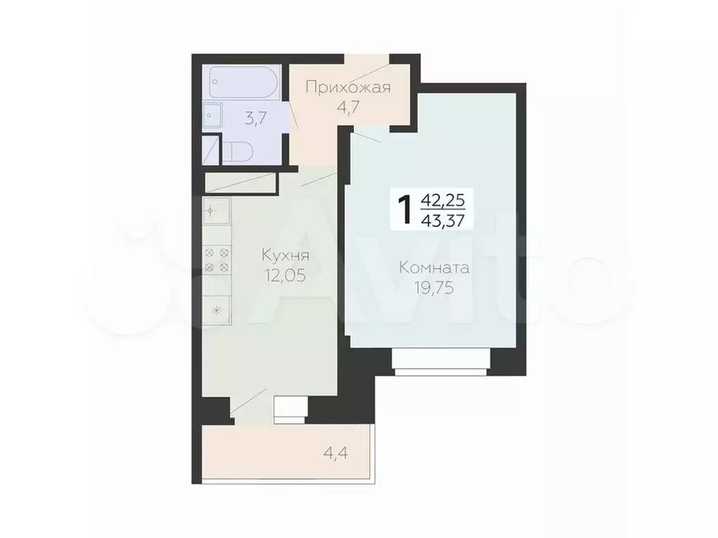 1-к. квартира, 43,4 м, 2/22 эт. - Фото 0