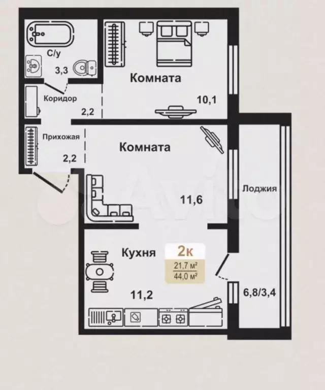 2-к. квартира, 44 м, 6/10 эт. - Фото 1