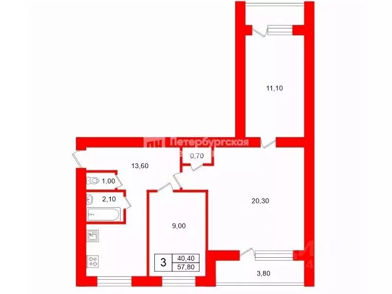 3-к кв. Санкт-Петербург ул. Коллонтай, 45К2 (57.8 м) - Фото 2