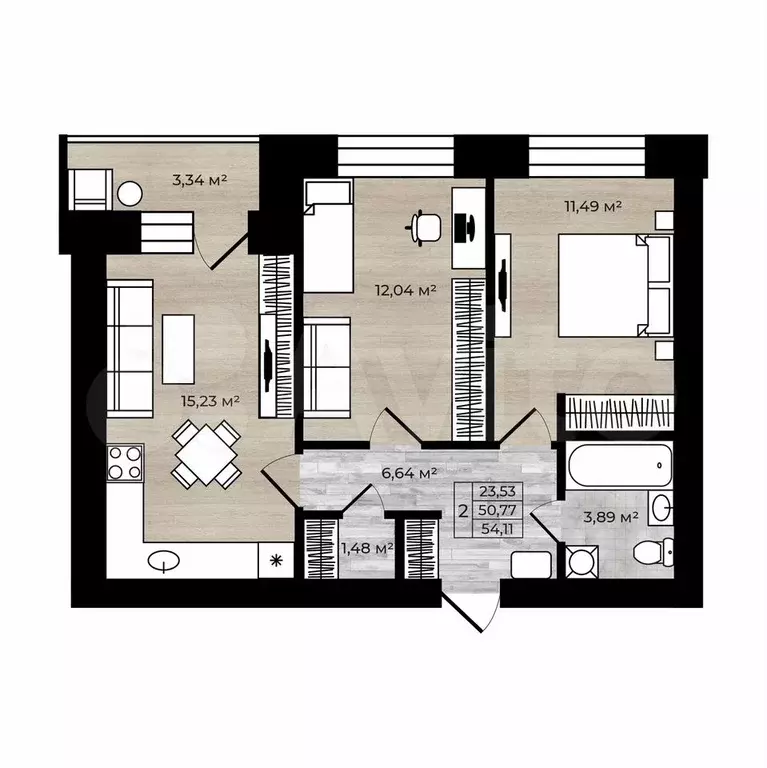 2-к. квартира, 54,1 м, 8/9 эт. - Фото 0