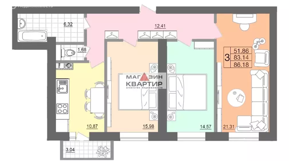 3-комнатная квартира: Смоленск, Вяземская улица, 34Б (86.3 м) - Фото 0
