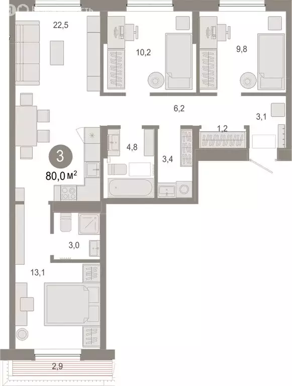 3-комнатная квартира: Тюмень, микрорайон ДОК, ЖК Октябрьский на Туре ... - Фото 1