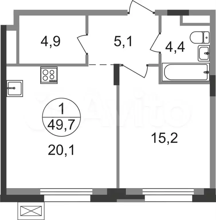 1-к. квартира, 49,7 м, 5/9 эт. - Фото 0