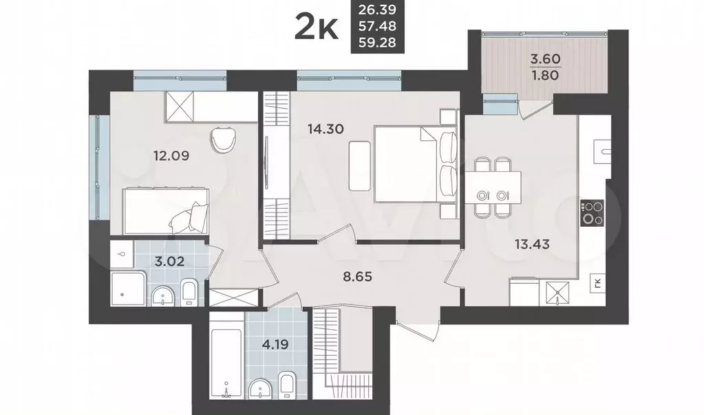 2-к. квартира, 57,5 м, 2/9 эт. - Фото 1
