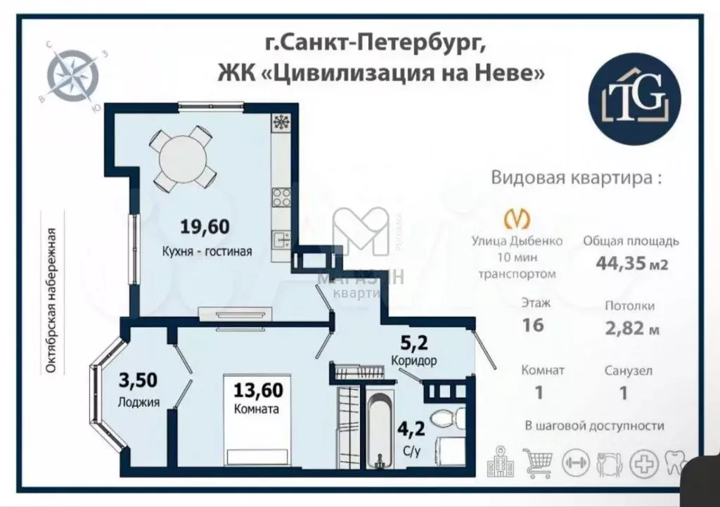 2-к кв. Санкт-Петербург Октябрьская наб., 40 (42.6 м) - Фото 2