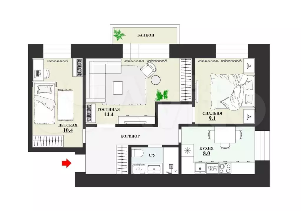3-к. квартира, 53,5 м, 9/9 эт. - Фото 0