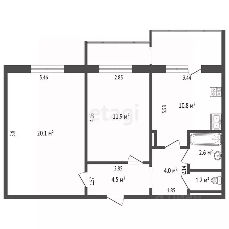 2-к кв. Саха (Якутия), Якутск ул. Короленко, 7 (55.1 м) - Фото 2
