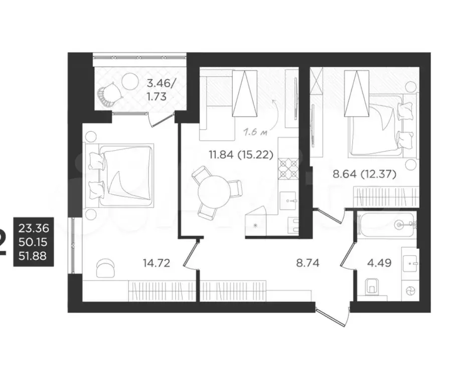 2-к. квартира, 50м, 4/4эт. - Фото 0