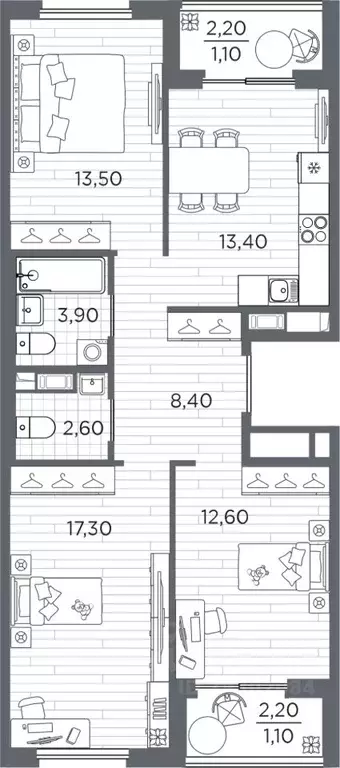 3-к кв. Санкт-Петербург Плюс Пулковский жилой комплекс (73.9 м) - Фото 1
