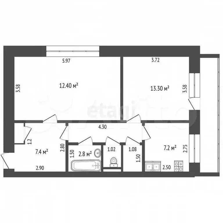 2-к. квартира, 60,6 м, 5/9 эт. - Фото 0