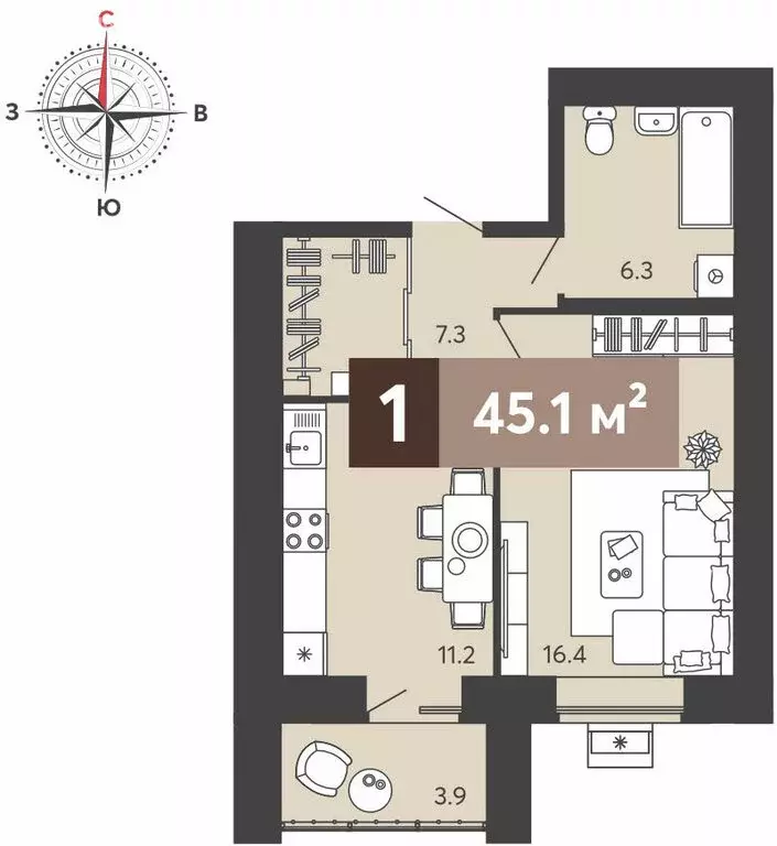 1-комнатная квартира: Пенза, улица Щербакова, 69 (45.1 м) - Фото 1