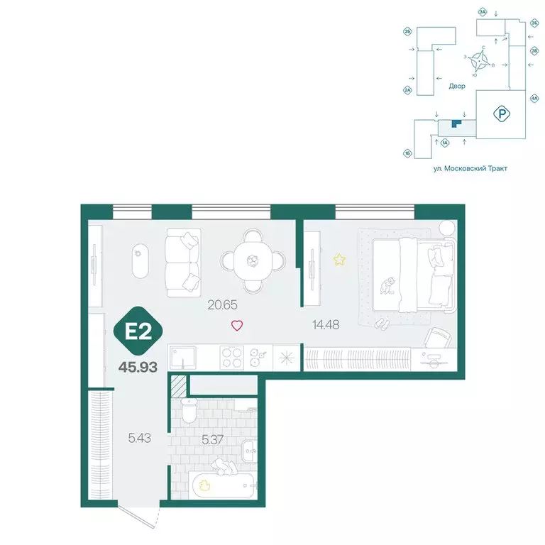 2-комнатная квартира: Тюмень, жилой комплекс Сибирский (45.93 м) - Фото 0