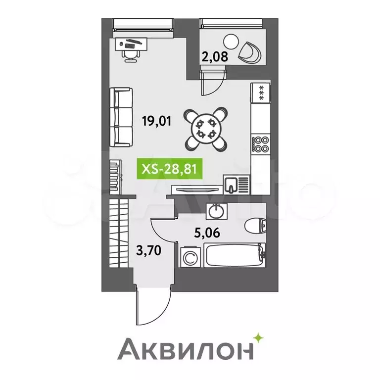 Квартира-студия, 28,8 м, 2/12 эт. - Фото 1