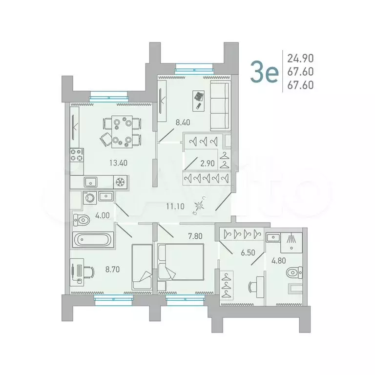 3-к. квартира, 67,6 м, 2/16 эт. - Фото 0
